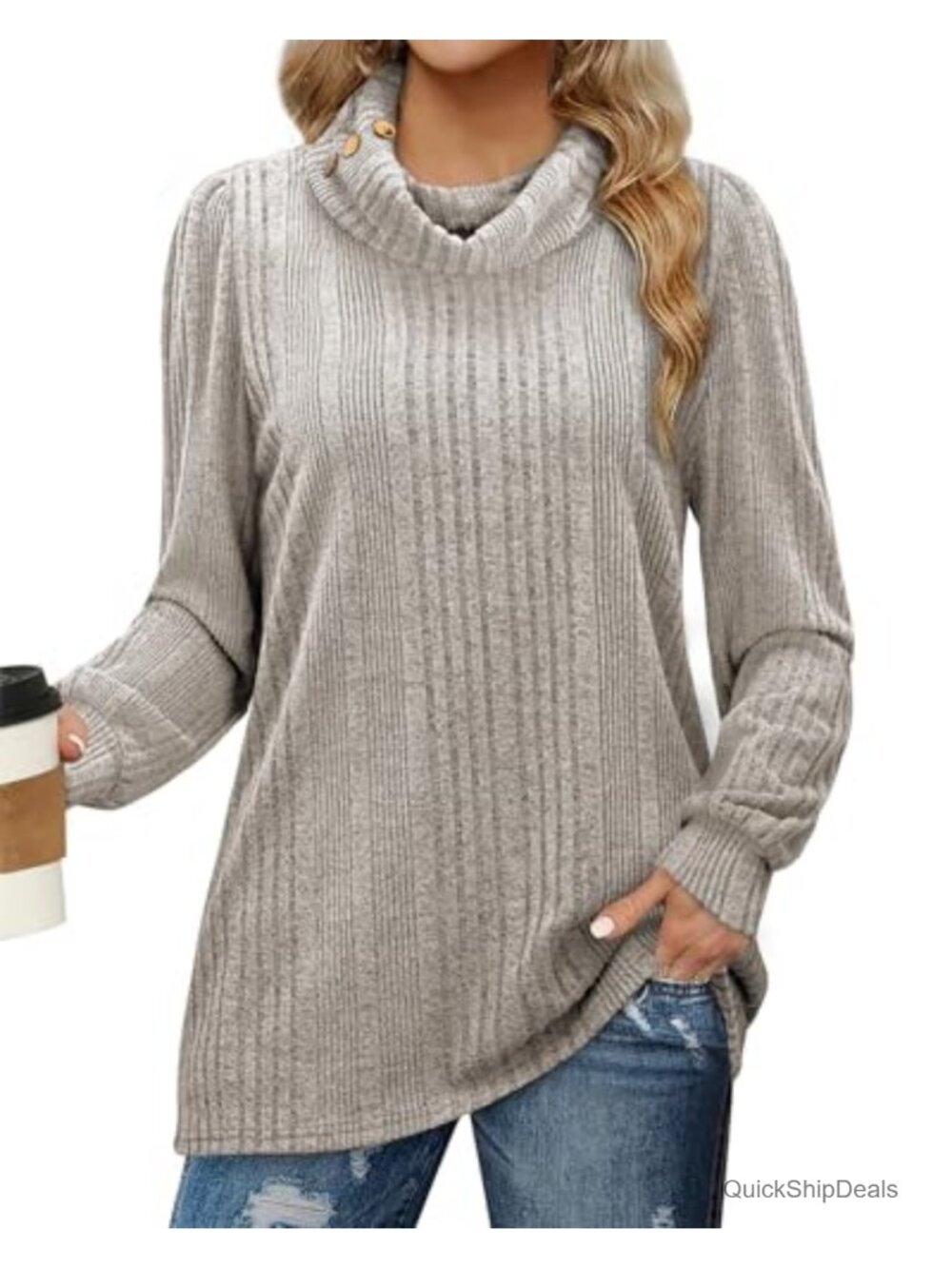 Women's Turtleneck Sweater Long Sleeve Ribbed Knit Loose Casual Tunic Pullover